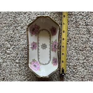 Vintage Floral Porcelain Decorative Tray with Gold Trim